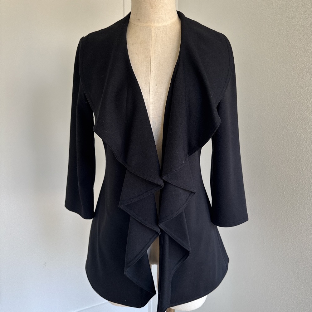 Black Calvin Klein Ruffle Front Lined 3/4 Sleeve Jacket- Size 2